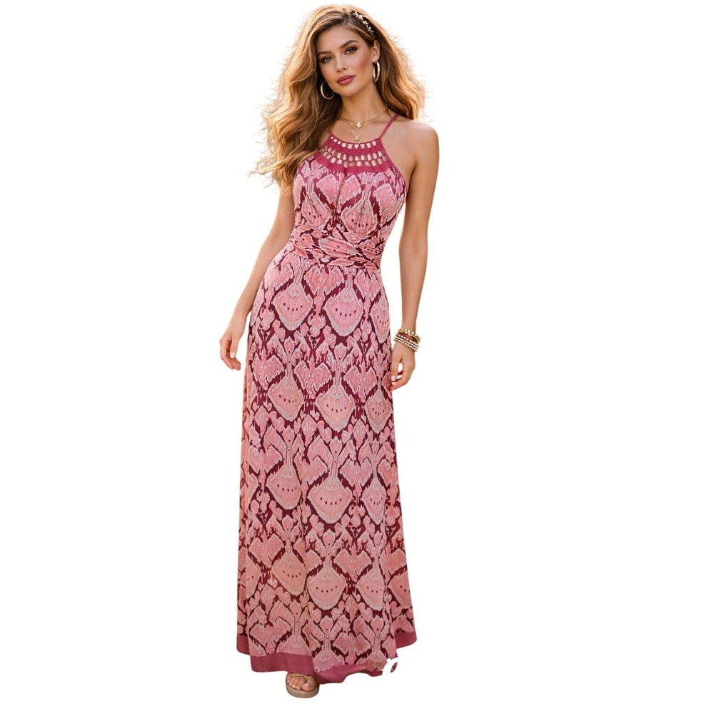 Guess by Marciano Pink Silk Ikat Damask Maxi Dress Lattice Halter Neck